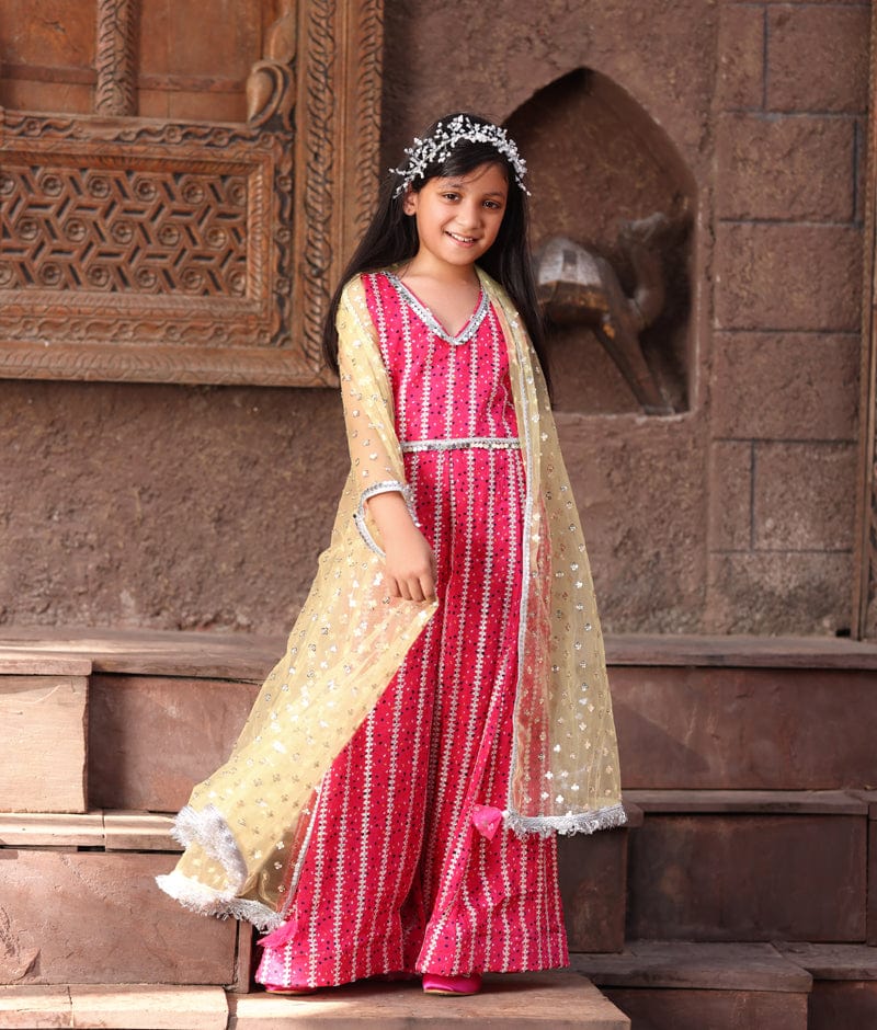 Manufactured by FAYON KIDS (Noida, U.P) Yellow Embroidered Cape with Pink Jumpsuit for Girls