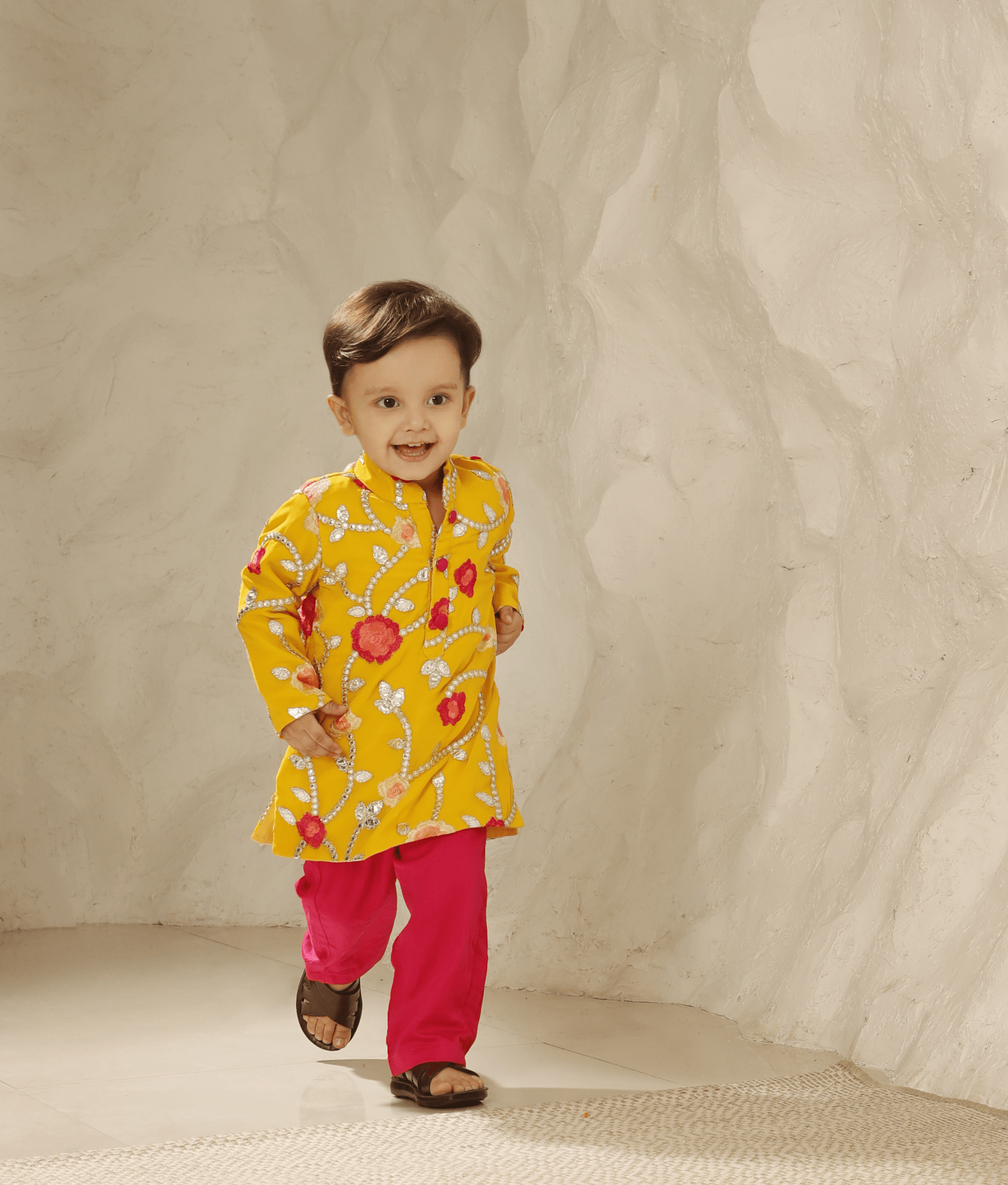 Manufactured by FAYON KIDS (Noida, U.P) Yellow Gota Embroidered Kurta with Pant for Boys