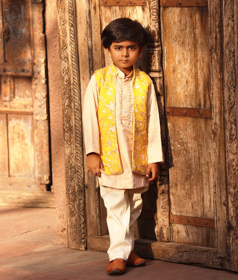 Manufactured by FAYON KIDS (Noida, U.P) Yellow Parsi work Jacket with Kurta and Pant for Boys