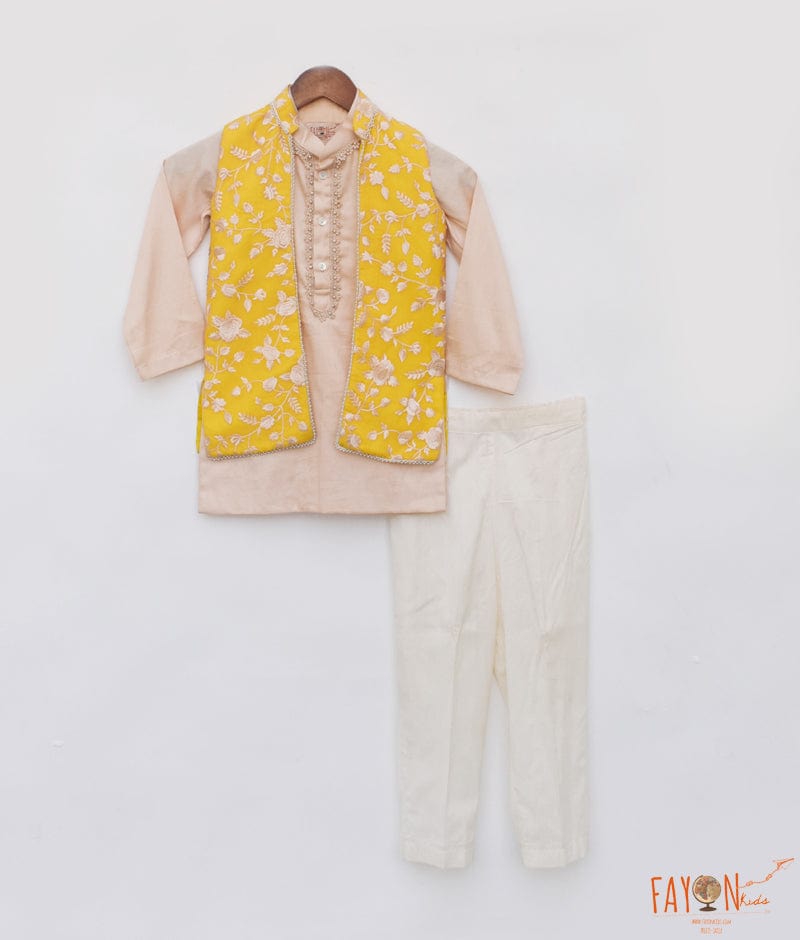 Manufactured by FAYON KIDS (Noida, U.P) Yellow Parsi work Jacket with Kurta and Pant for Boys