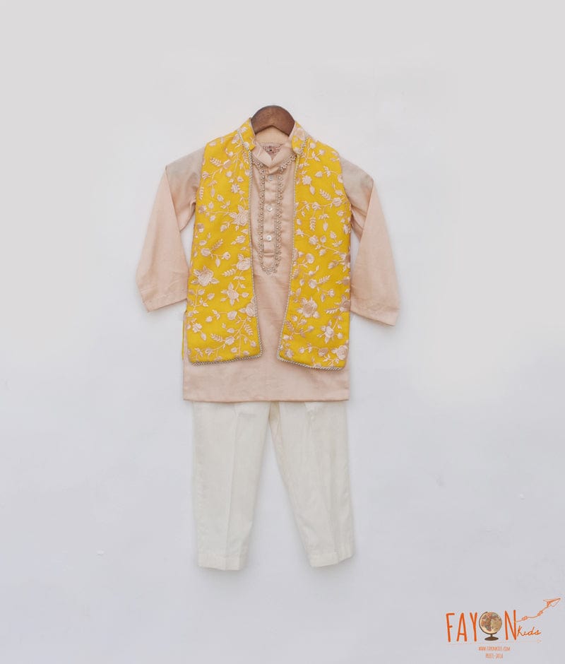 Manufactured by FAYON KIDS (Noida, U.P) Yellow Parsi work Jacket with Kurta and Pant for Boys