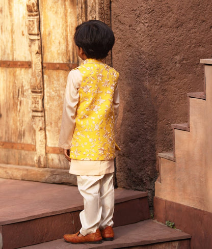 Manufactured by FAYON KIDS (Noida, U.P) Yellow Parsi work Jacket with Kurta and Pant for Boys