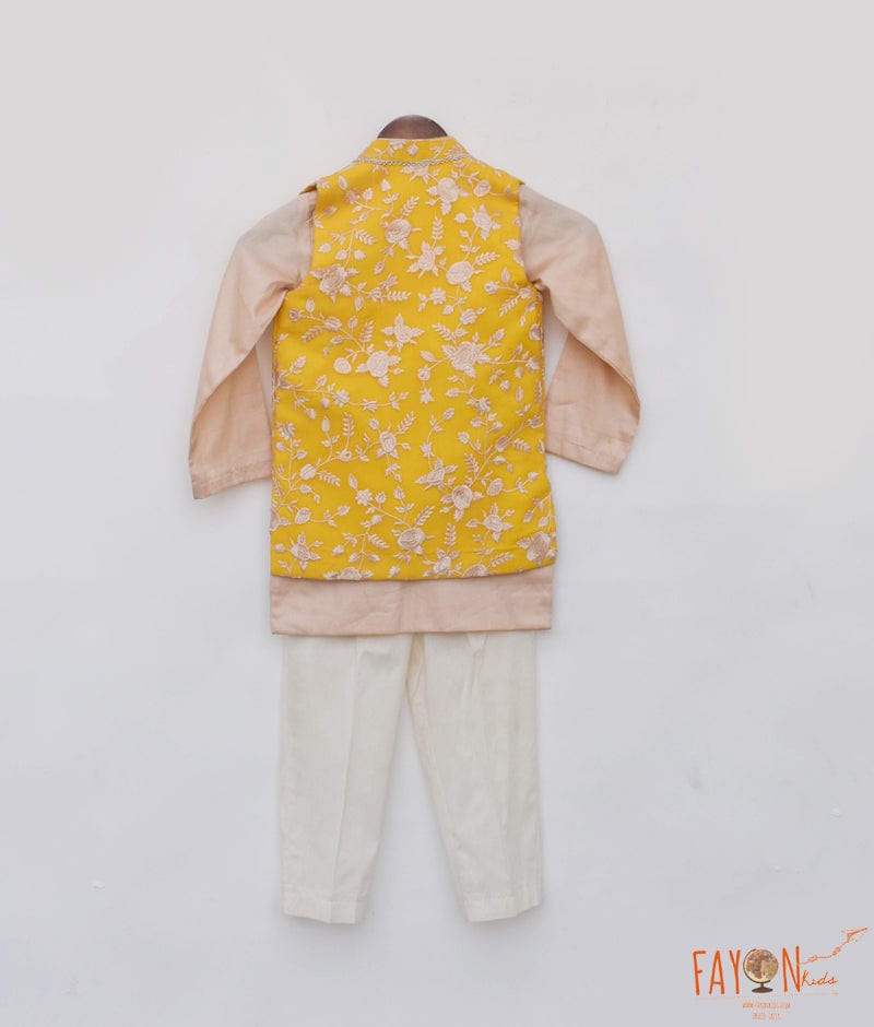 Manufactured by FAYON KIDS (Noida, U.P) Yellow Parsi work Jacket with Kurta and Pant for Boys