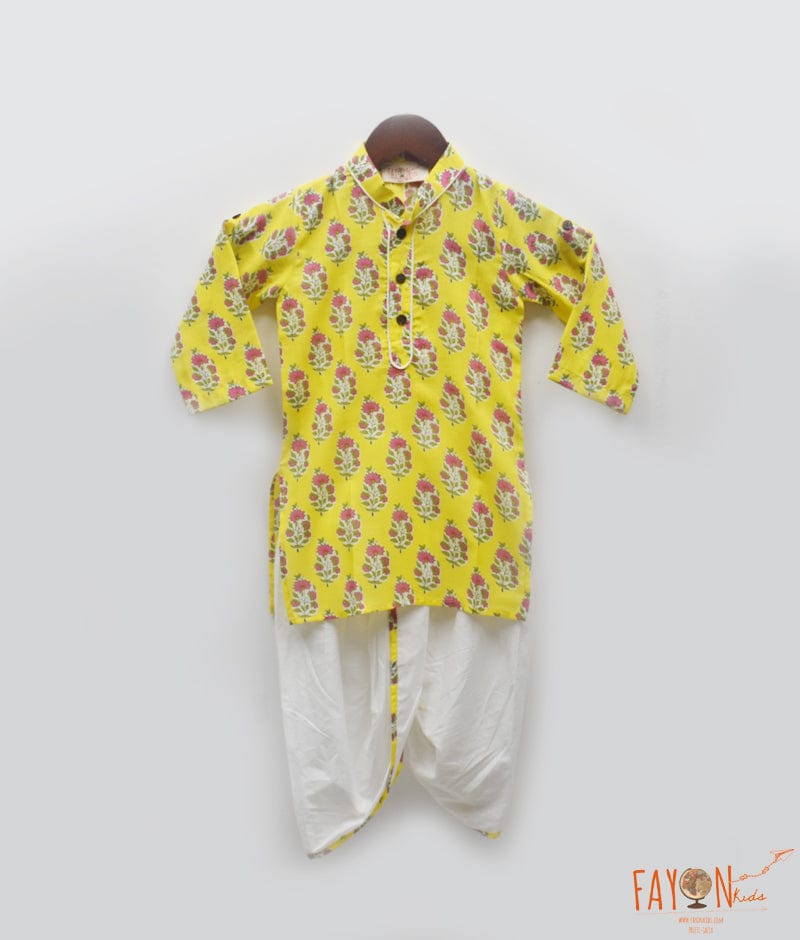 Manufactured by FAYON KIDS (Noida, U.P) Yellow Printed Kurta Dhoti Set