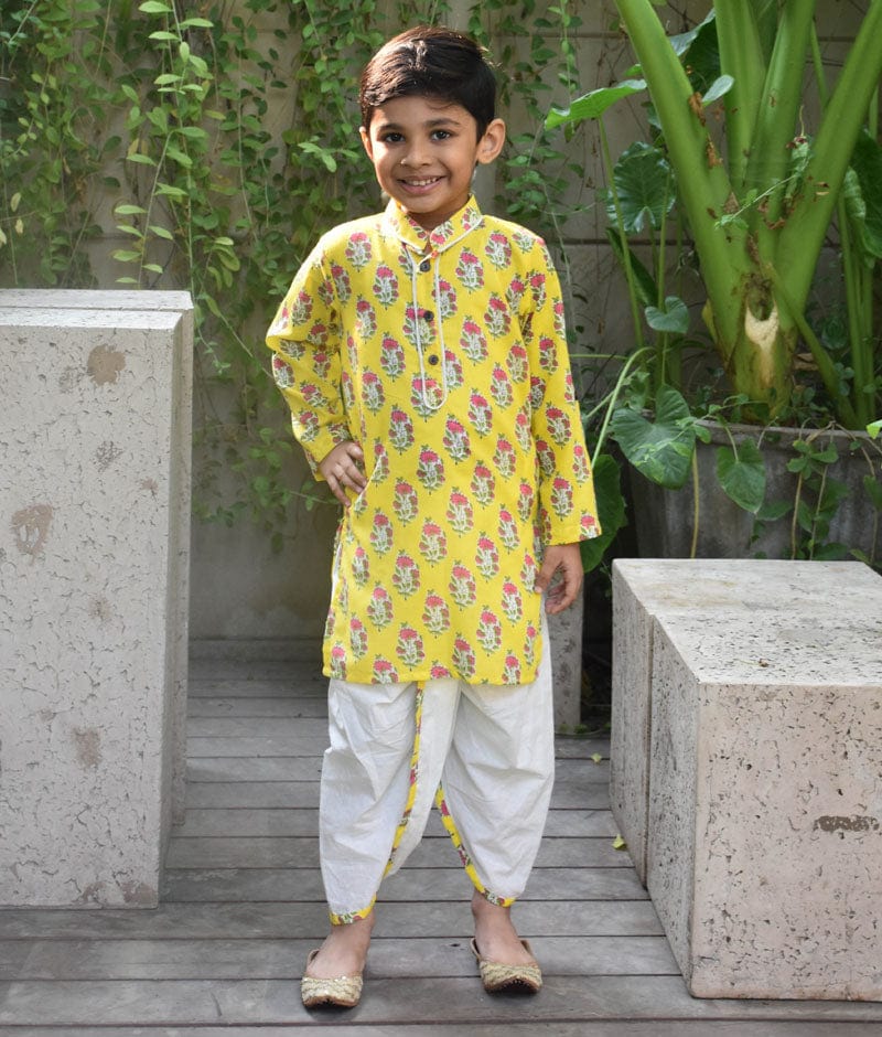 Manufactured by FAYON KIDS (Noida, U.P) Yellow Printed Kurta Dhoti Set