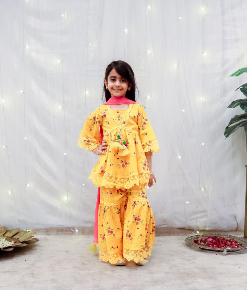 Manufactured by FAYON KIDS (Noida, U.P) Yellow Printed Kurti Sharara Set