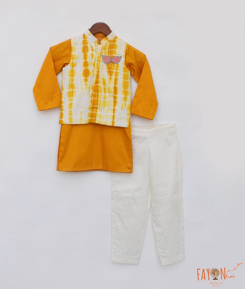 Manufactured by FAYON KIDS (Noida, U.P) Yellow Tie and Dye Nehru Jacket with Kurta and Pant for Boys