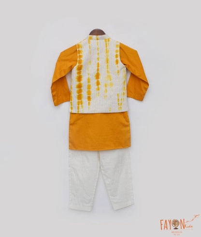 Manufactured by FAYON KIDS (Noida, U.P) Yellow Tie and Dye Nehru Jacket with Kurta and Pant for Boys