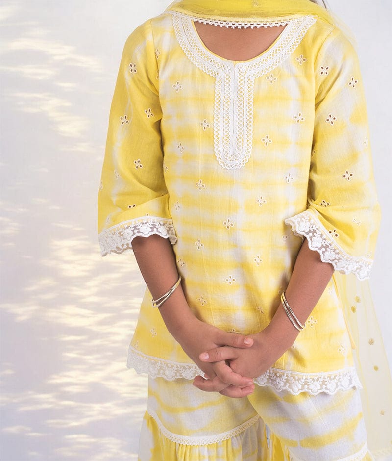 Manufactured by FAYON KIDS (Noida, U.P) Yellow Tie & Dye Kurti Sharara Set