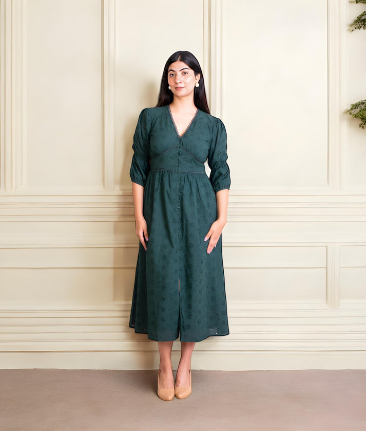green schiffli dress Women Green Schiffli Smocking Detail Midi Dress FYVA