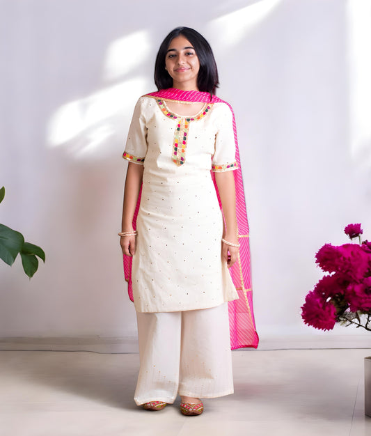 Manufactured by FayonKids Offwhite Faux Mukaish Work Kurti with Pant