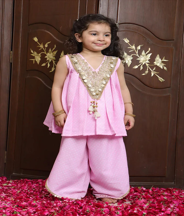 Pret Baby Pink Bandhej Kurti with Sharara