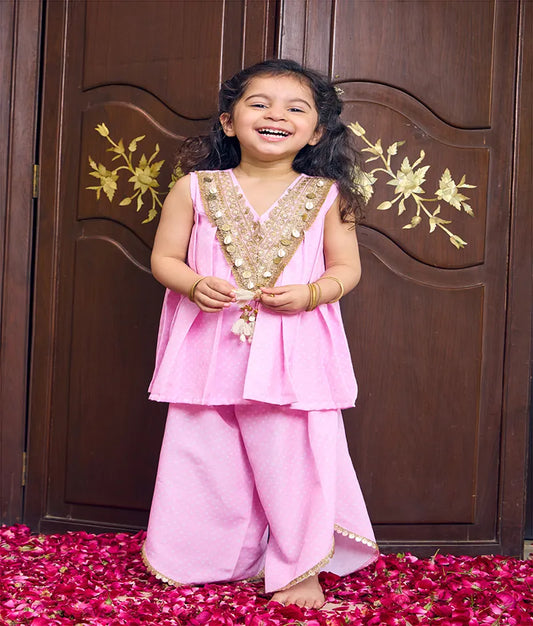 Pret Baby Pink Bandhej Kurti with Sharara