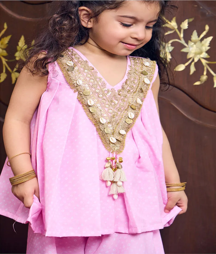 Pret Baby Pink Bandhej Kurti with Sharara