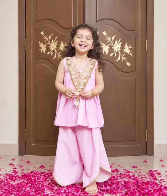 Baby Pink Bandhej Kurti with Sharara - Pret Baby Pink Bandhej Kurti with Sharara