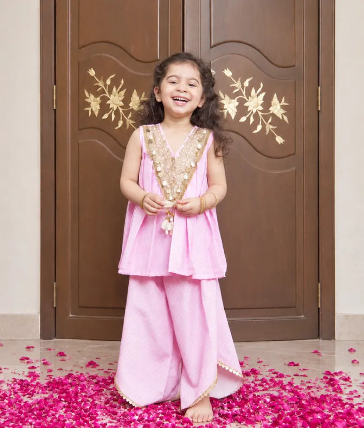 Pret Baby Pink Bandhej Kurti with Sharara