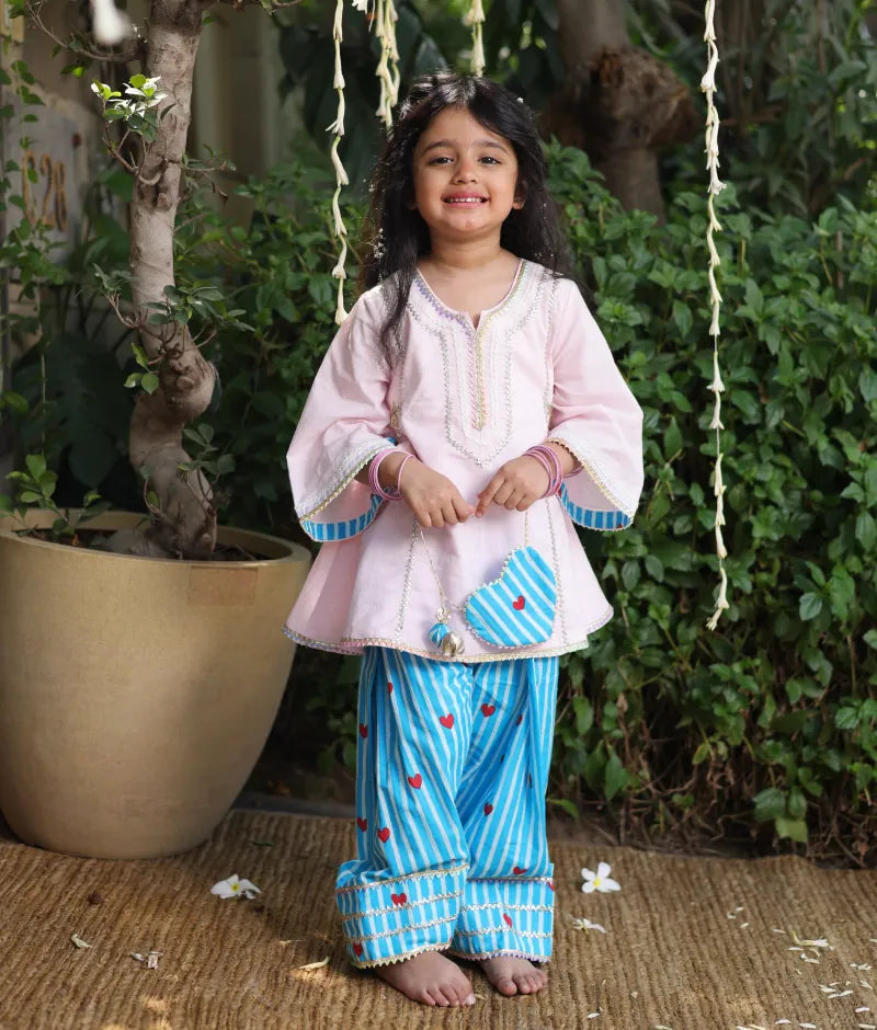 Pret Baby Pink Kurti with Hearts Printed Farshi Salwar