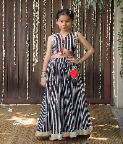Pret Black Hearts & Stripe Printed Lehenga Set