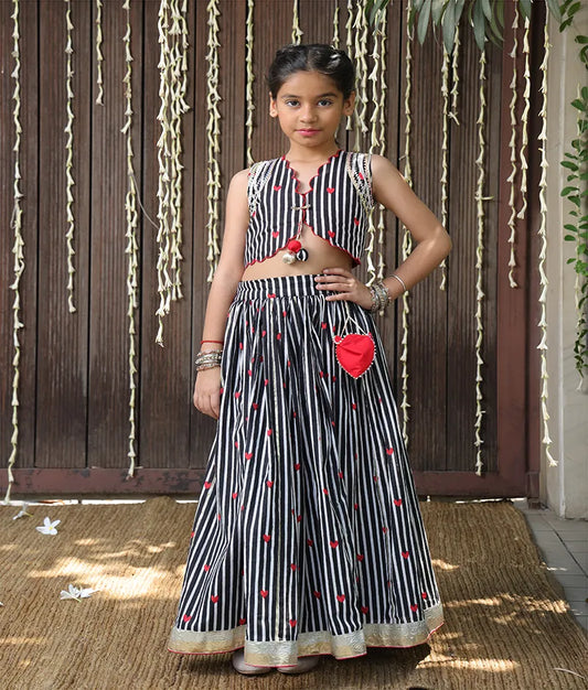 Pret Black Hearts & Stripe Printed Lehenga Set