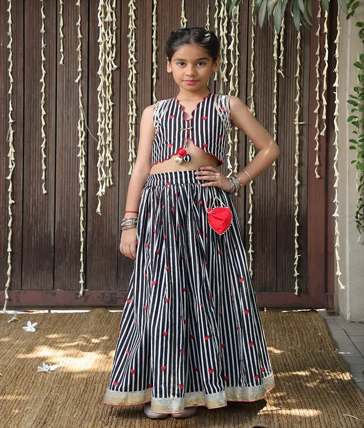 Pret Black Hearts & Stripe Printed Lehenga Set