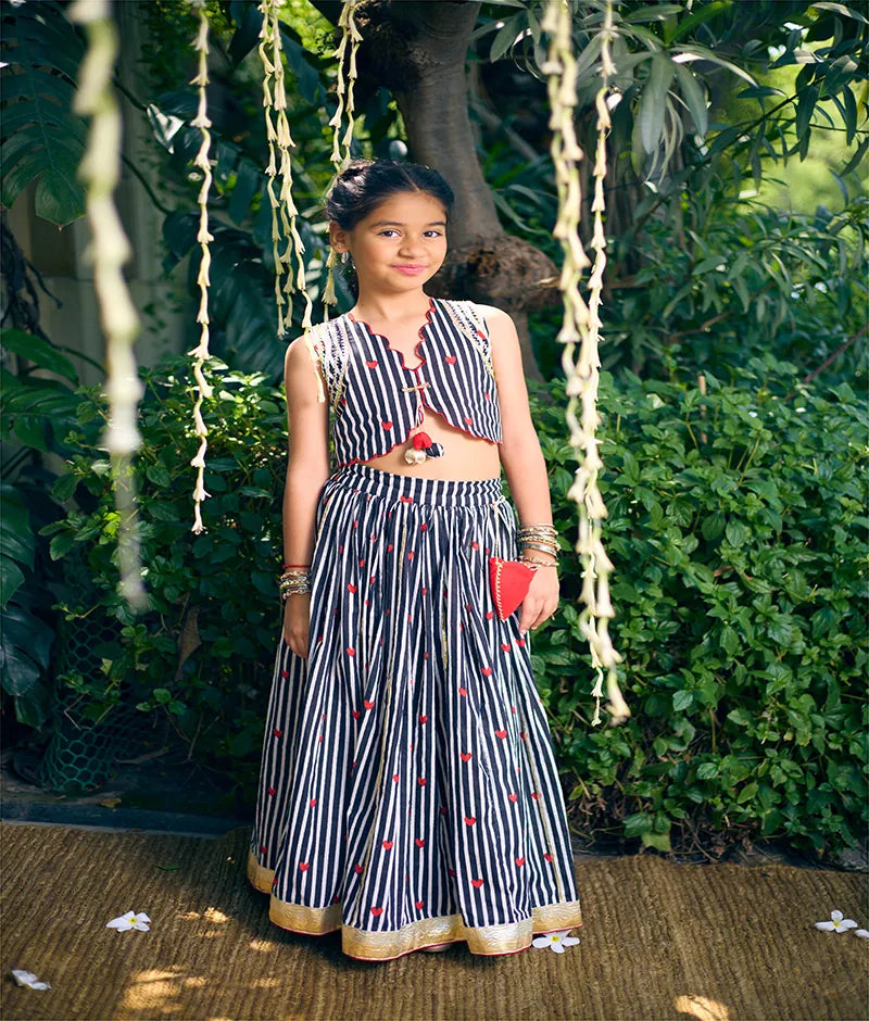 Pret Black Hearts & Stripe Printed Lehenga Set