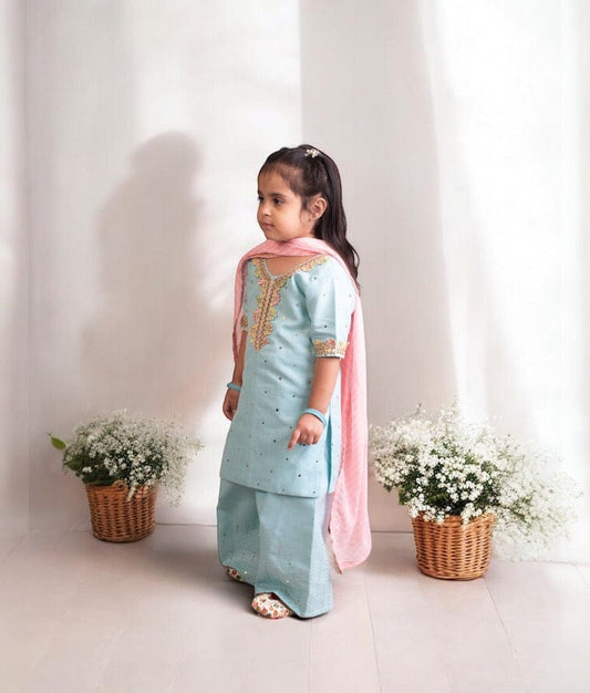 Pret Blue Faux Mukaish Work Kurti with Sharara