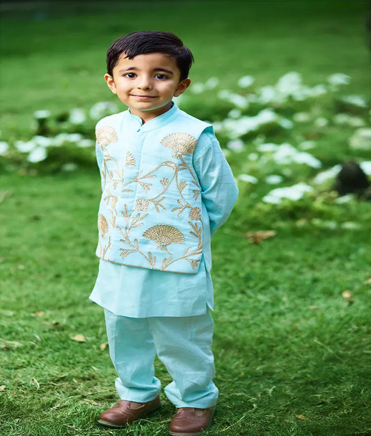 Pret Blue Gota Tulip Embroidered Jacket Set