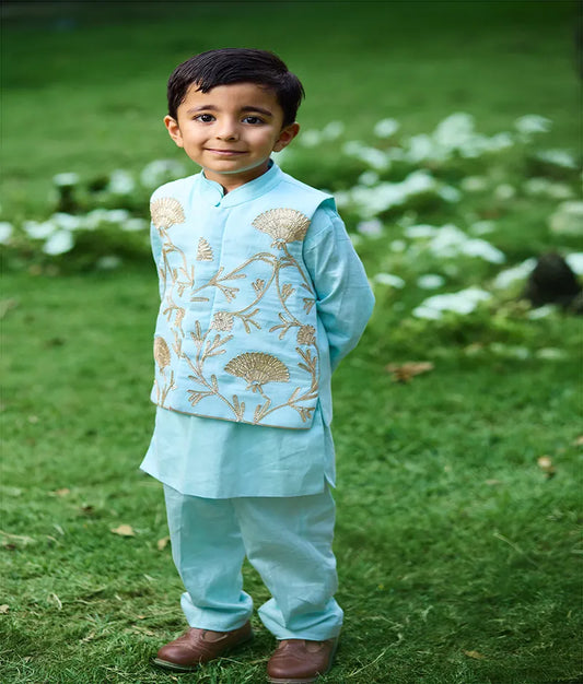 Pret Blue Gota Tulip Embroidered Jacket Set