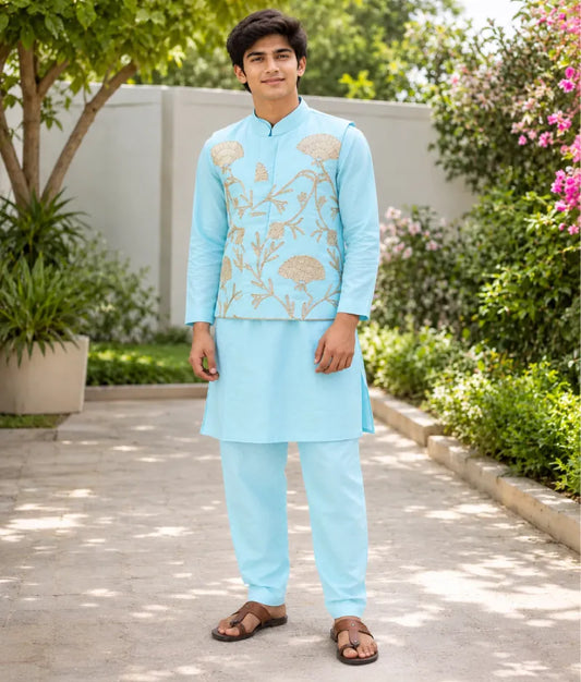 Blue Gota Tulip Embroidered Jacket Set - Pret Blue Gota Tulip Embroidered Jacket Set