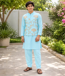 Pret Blue Gota Tulip Embroidered Jacket Set