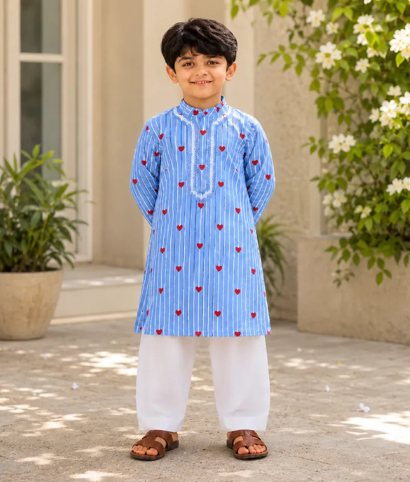 Pret Blue Hearts & Stripe Printed Kurta with Salwar