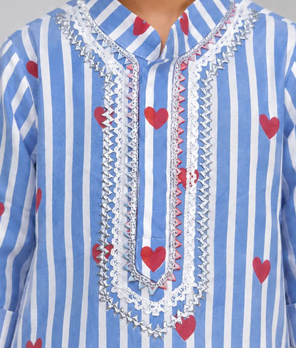Blue Hearts & Stripe Printed Kurta with Salwar - Pret Blue Hearts & Stripe Printed Kurta with Salwar