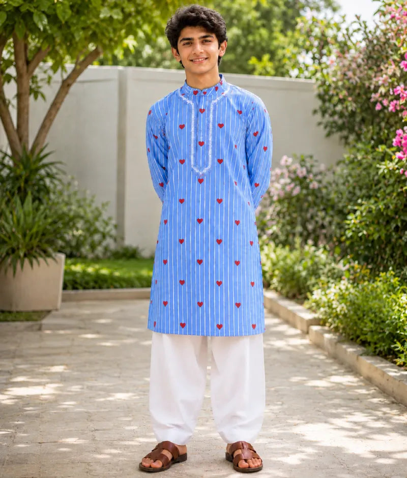 Pret Blue Hearts & Stripe Printed Kurta with Salwar