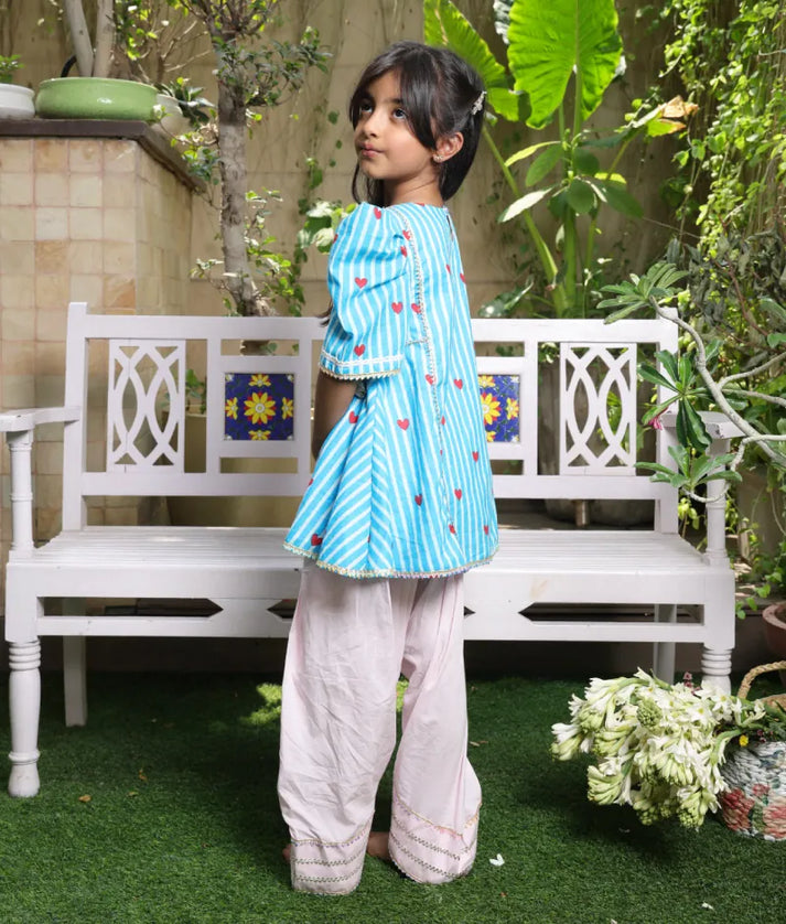 Pret Blue Hearts & Stripe Printed Kurti with Pink Farshi Salwar