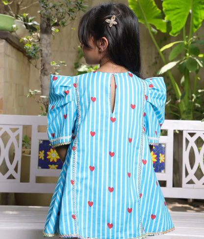 Pret Blue Hearts & Stripe Printed Kurti with Pink Farshi Salwar