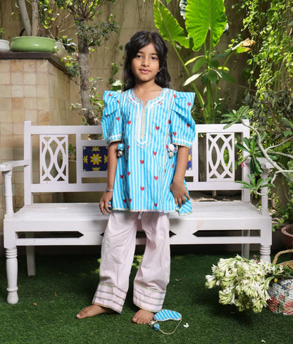 Pret Blue Hearts & Stripe Printed Kurti with Pink Farshi Salwar