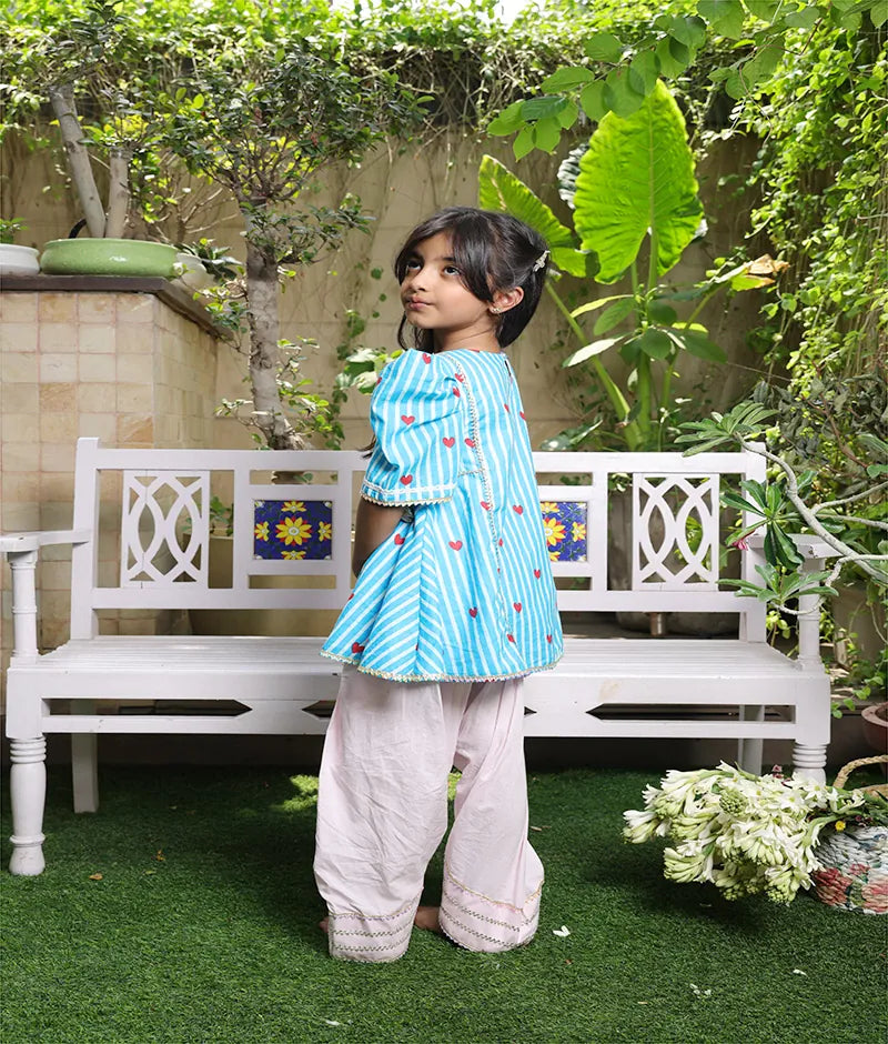 Pret Blue Hearts & Stripe Printed Kurti with Pink Farshi Salwar