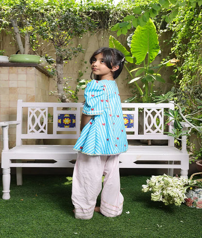 Pret Blue Hearts & Stripe Printed Kurti with Pink Farshi Salwar