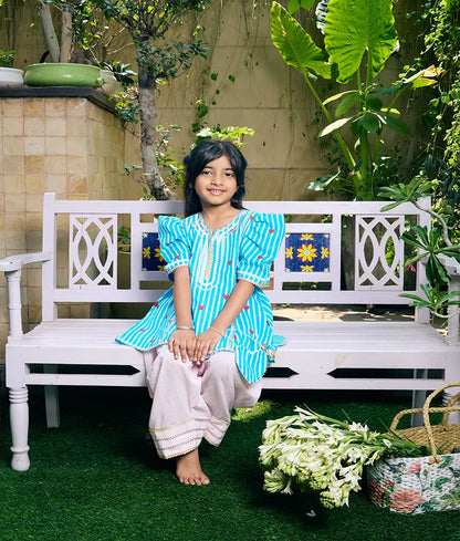 Pret Blue Hearts & Stripe Printed Kurti with Pink Farshi Salwar
