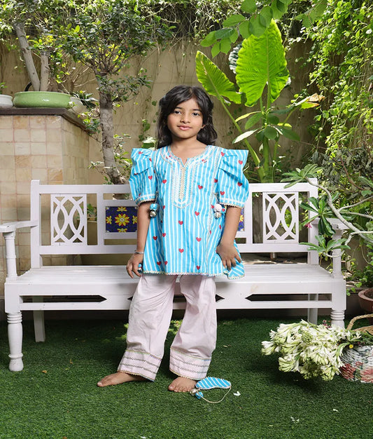 Pret Blue Hearts & Stripe Printed Kurti with Pink Farshi Salwar