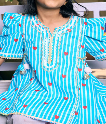 Pret Blue Hearts & Stripe Printed Kurti with Pink Farshi Salwar