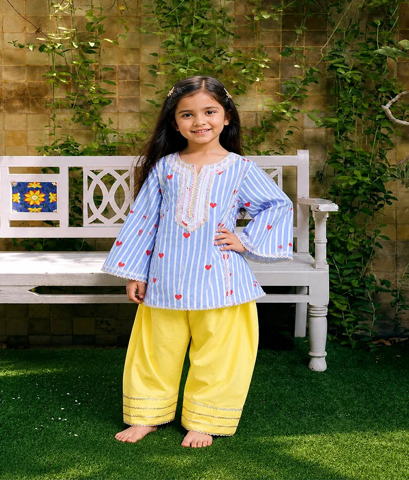 Pret Blue Hearts & Stripe Printed Kurti with Yellow Farshi Salwar