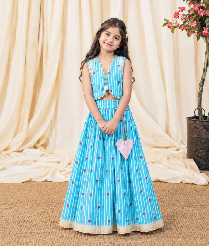 Pret Blue Hearts & Stripe Printed Lehenga Set