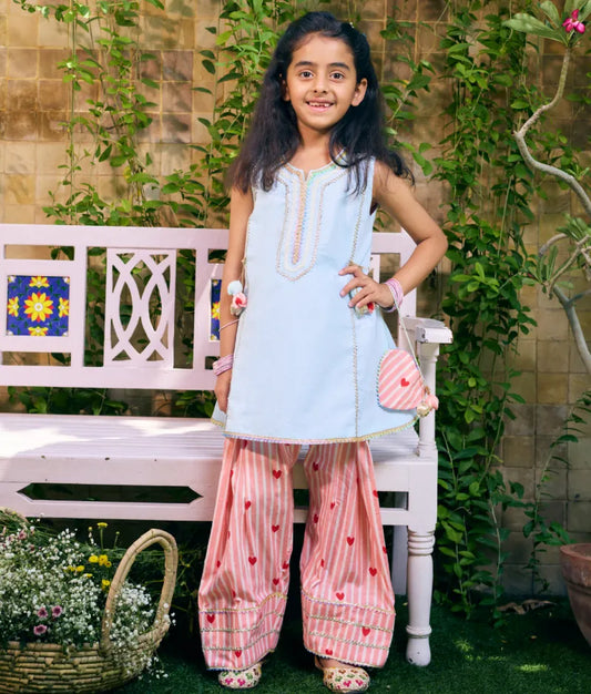 Pret Blue Kurti with Hearts Printed Farshi Salwar