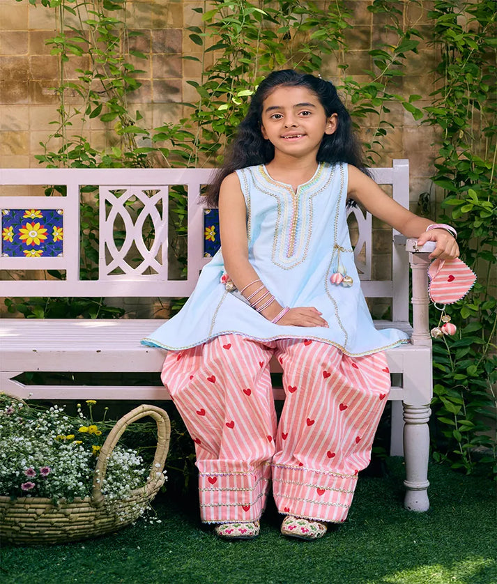 Pret Blue Kurti with Hearts Printed Farshi Salwar