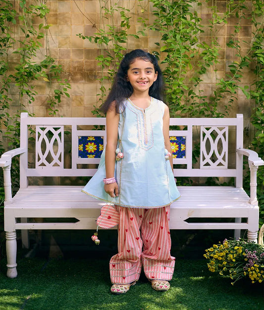 Pret Blue Kurti with Hearts Printed Farshi Salwar