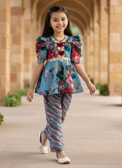 Pret Blue Printed Peplum Kurti with Plazo