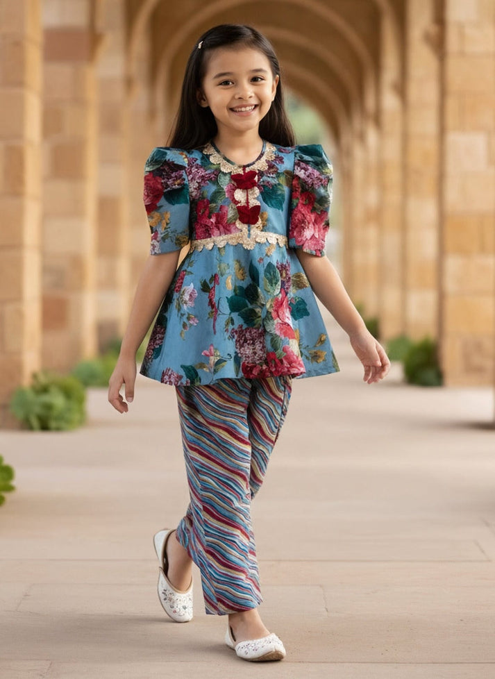 Pret Blue Printed Peplum Kurti with Plazo