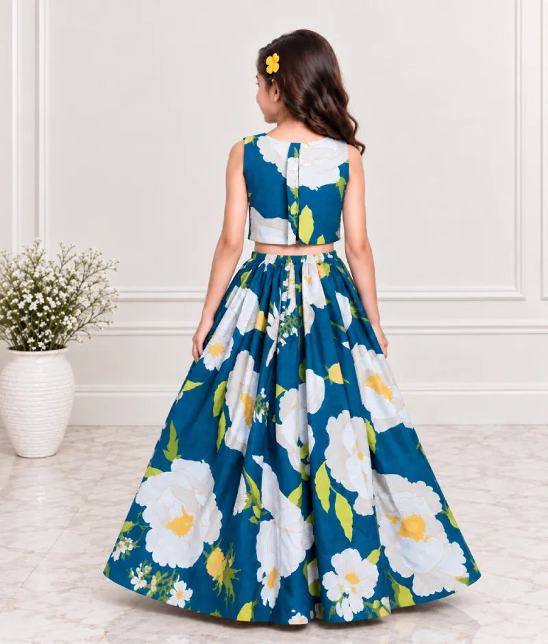 Pret Blue Tassel Top with Printed Lehenga