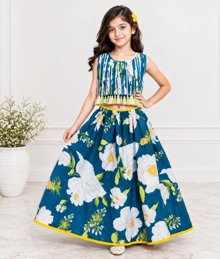 Pret Blue Tassel Top with Printed Lehenga